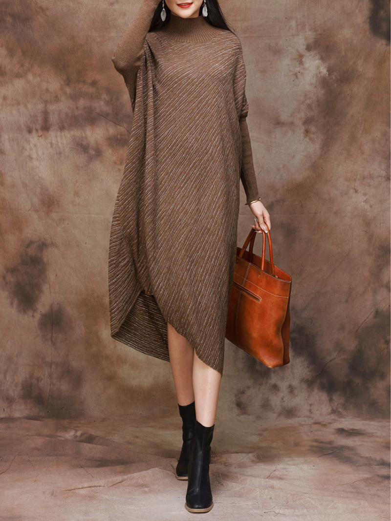 Plus Size Knitted Loose Bat Sleeve Stripe Midi Dress for Women  Eva Trends