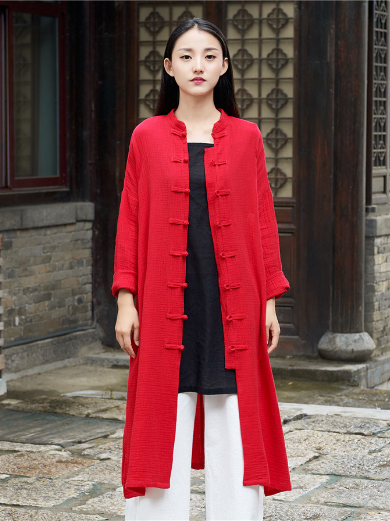 Elegant Cotton-Linen Mandarin Collar Midi Tunic Dress with Frog Button Eva Trends Elegant Cotton-Linen Mandarin Collar Midi Tunic Dress with Frog Button Eva Trends