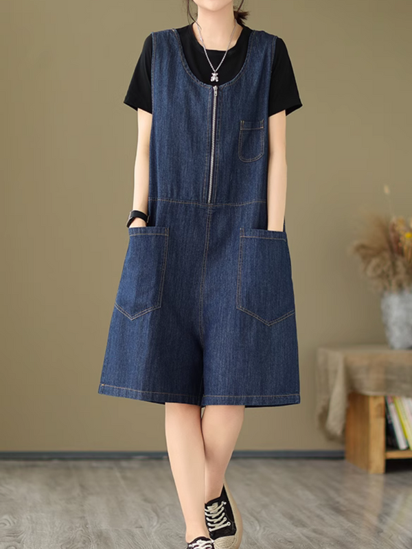 Women's Looose Fit Denim Dungaree Shorts with Zip Front