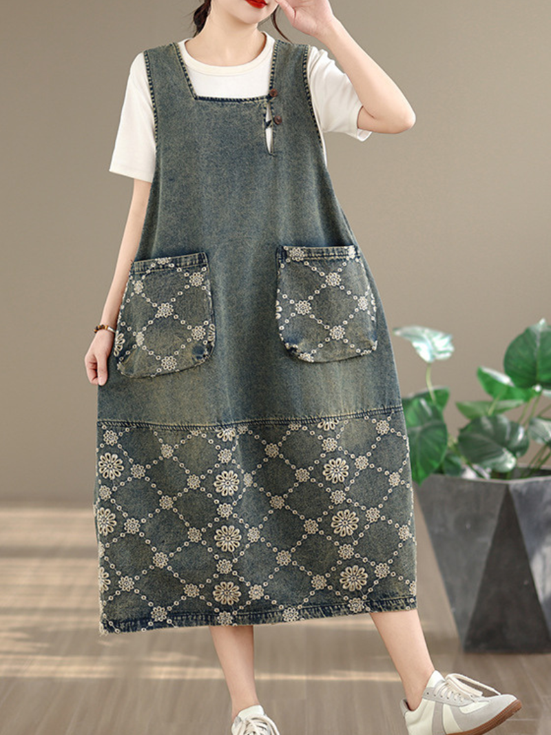 Artisanal Patchwork Denim Dress in Cotton Pinafore Silhouette, Relaxed –  Eva Trends