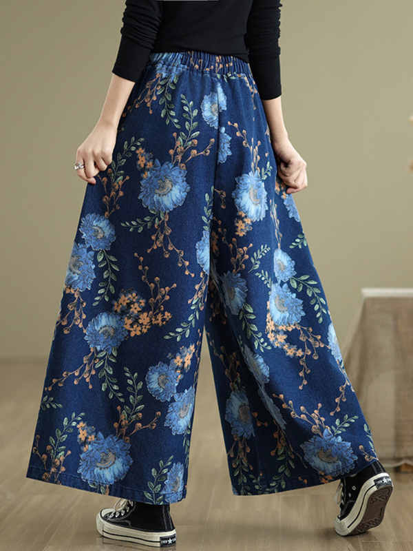 Blue print loose casual straight-bottom