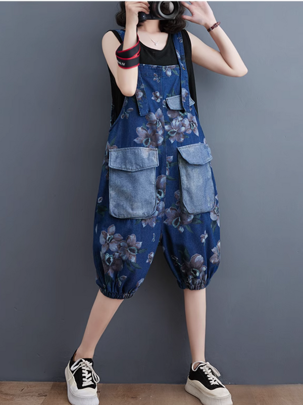 Printed Loose Fit Dungaree Shorts - Artistic Summer Wear