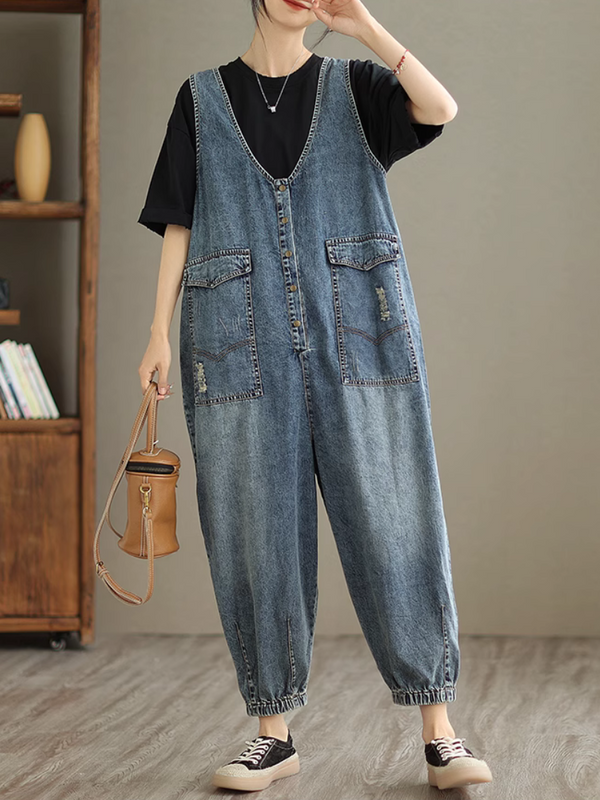 Summer femenino suelto versátil Versátil Denim alta Dungaree