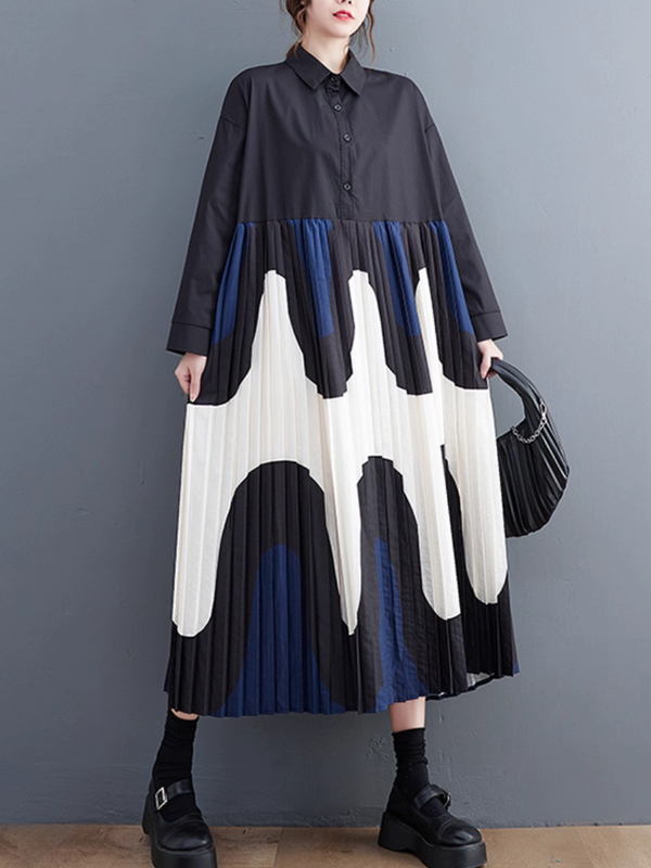 Abstract Pleated Shirt Dress Maxi with Collar, Artful Movement and Poise