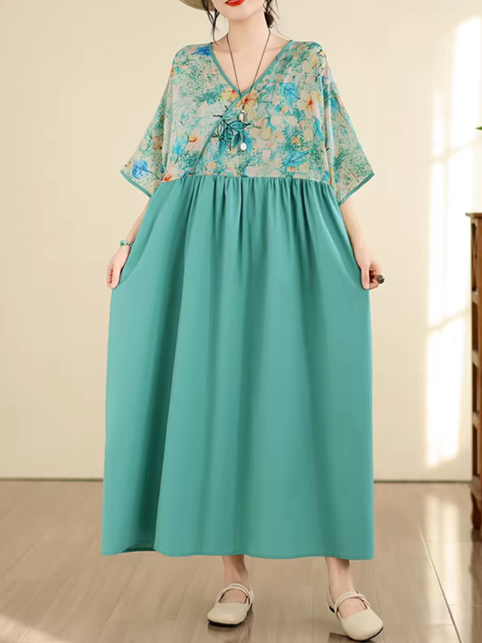Artful Floral-Bodice V-Neck Maxi Dress in Breezy Viscose Blend Elegance