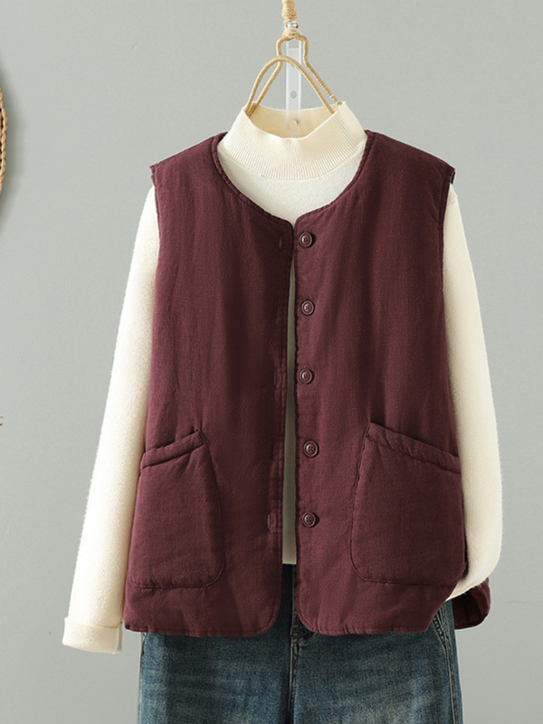 Chic Cotton&Flax Buttoned Women's Vest with Pockets, Minimal Layering Essential