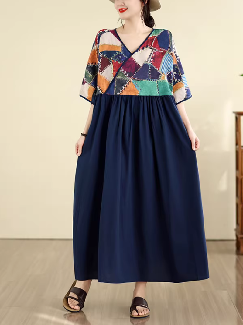Patchwork V-Neck Boho Maxi Dress in Soft Viscose Blend Elegance Eva Trends Patchwork V-Neck Boho Maxi Dress in Soft Viscose Blend Elegance Eva Trends