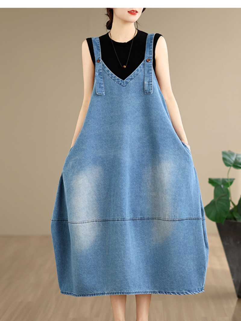 Relaxed V-Neck Denim Dress in Cotton Pinafore Style, Adjustable Midi S –  Eva Trends