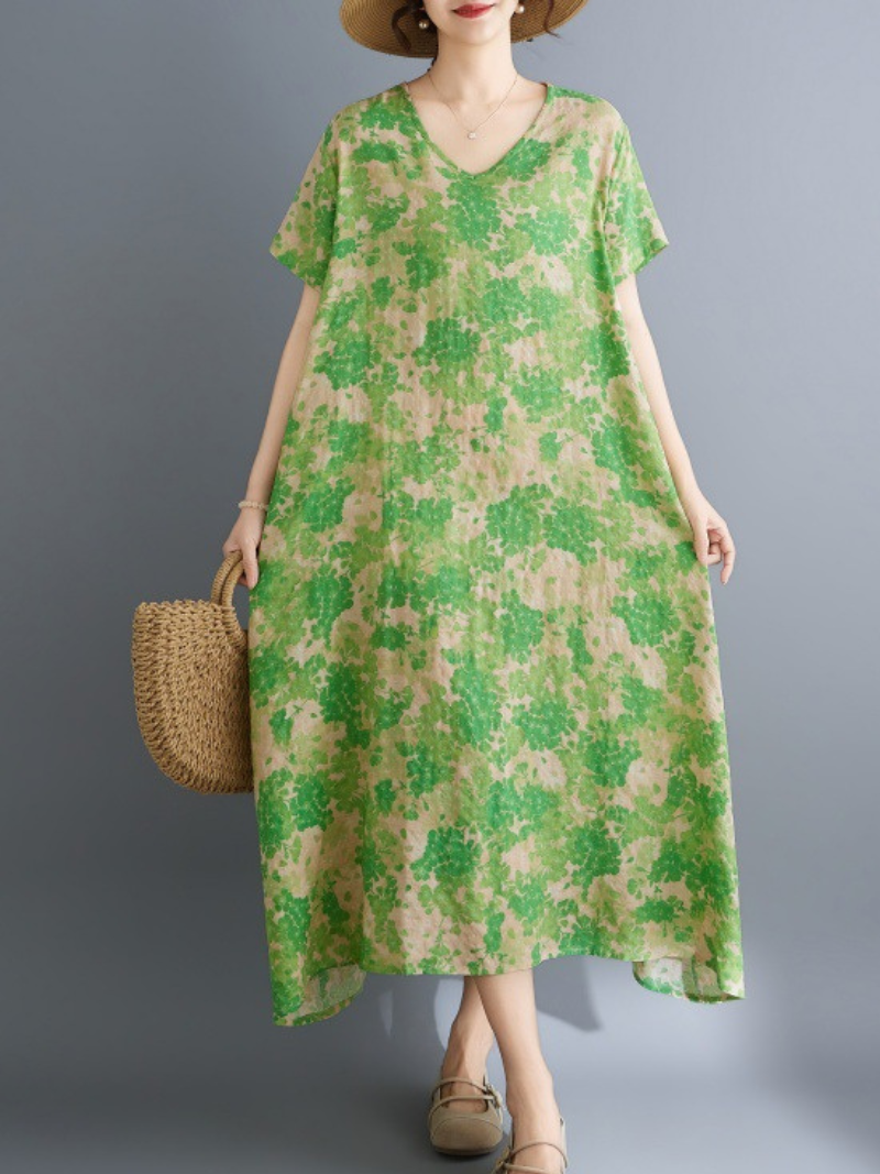 loose summer dress airy Airy Trapeze Cotton Summer Dress with Artful Print and V‑Neck – Eva Trends