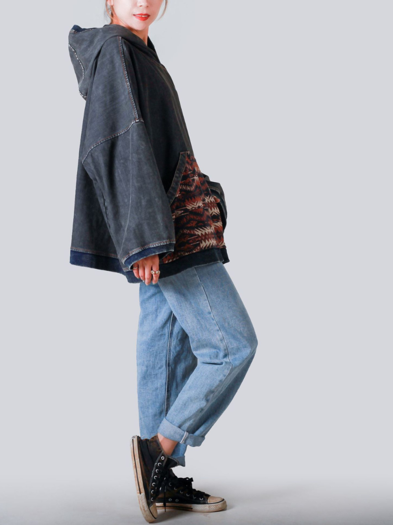 Women's Trendy & Casual Patch Loose Hooded Design Sweater