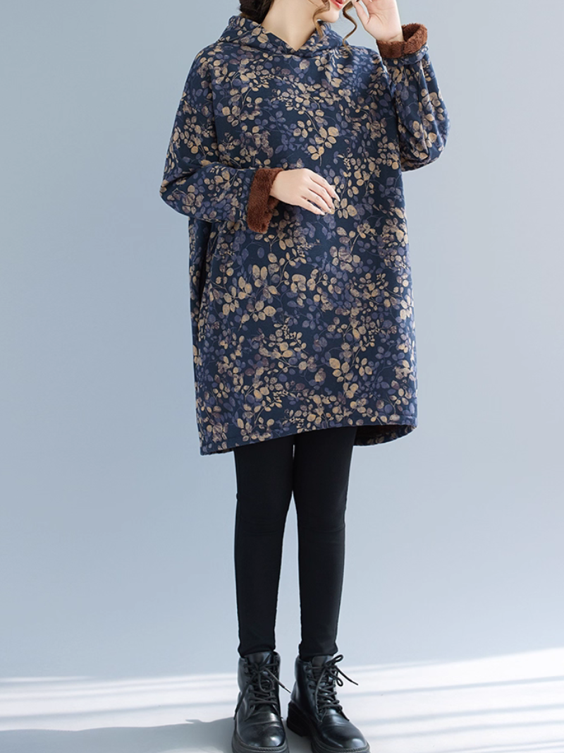 Oversized Floral Cotton Hoodie Dress, Cozy Hooded Tunic for