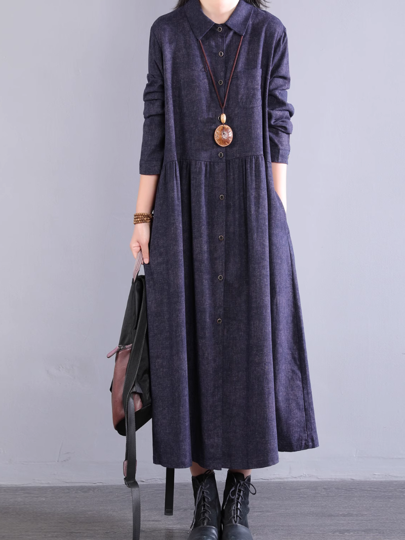 Cotton A-line Shirt Dress with Pockets, Collared Midi