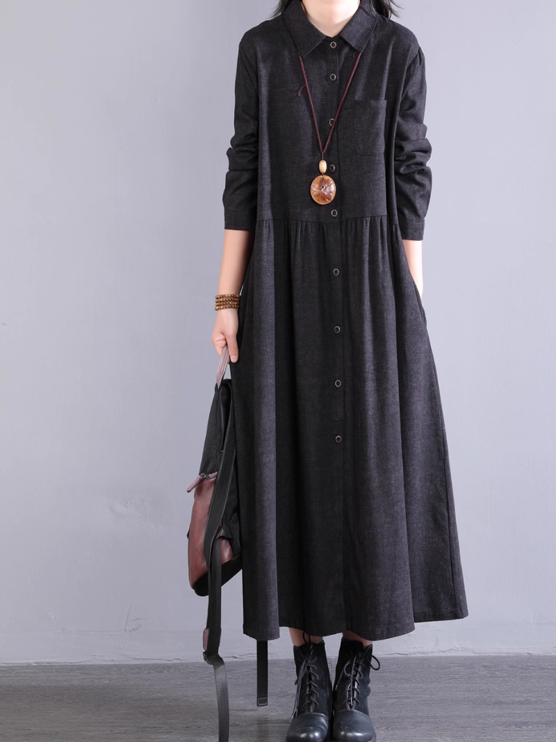 Cotton A-line Shirt Dress with Pockets, Collared Midi
