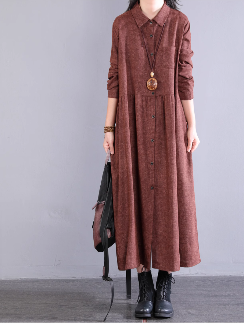 Cotton A-line Shirt Dress with Pockets, Collared Midi
