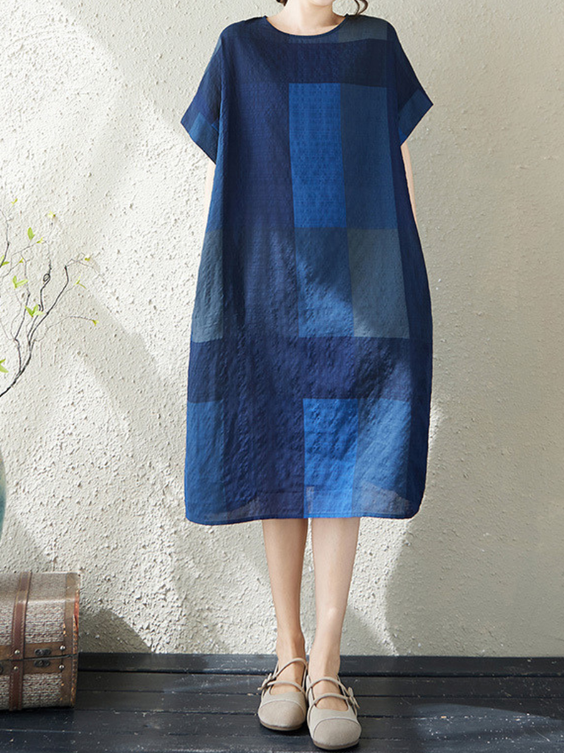 Artful Patchwork Linen Dress in Relaxed Midi Silhouette with Pockets  Eva  Trends