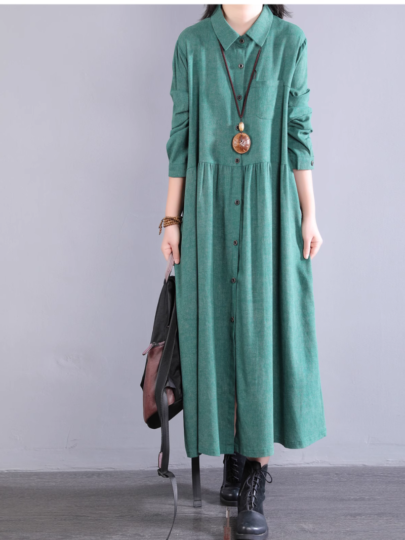 Cotton A-line Shirt Dress with Pockets, Collared Midi