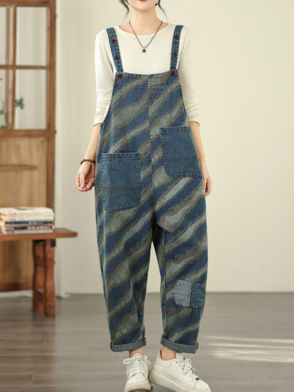 striped loose fit denim overalls for women