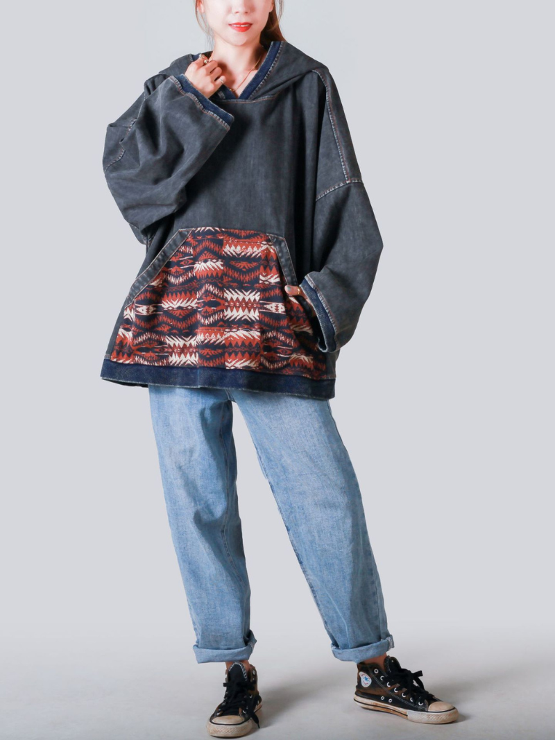 Women's Trendy & Casual Patch Loose Hooded Design Sweater
