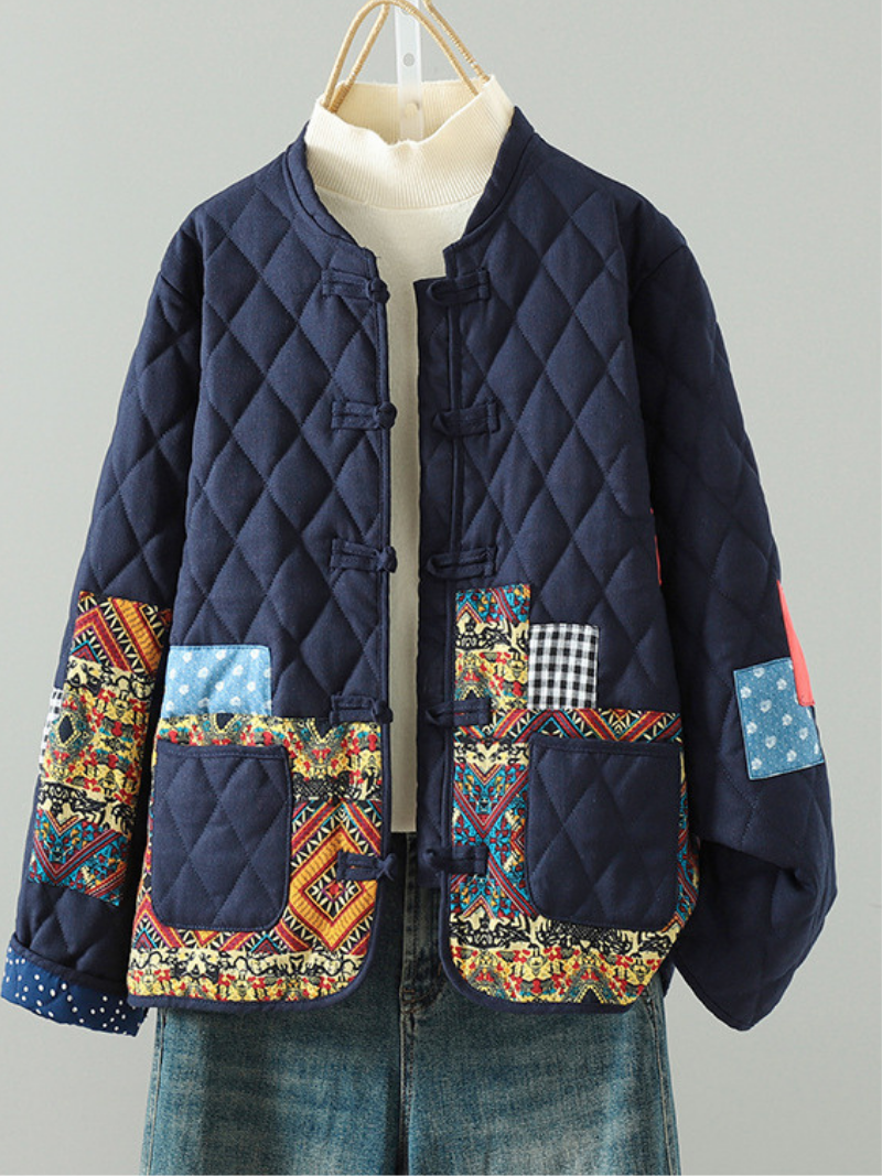 Patchwork Quilted Mandarin-Collar Jacket in Cotton & Flax, Women's Outerwear