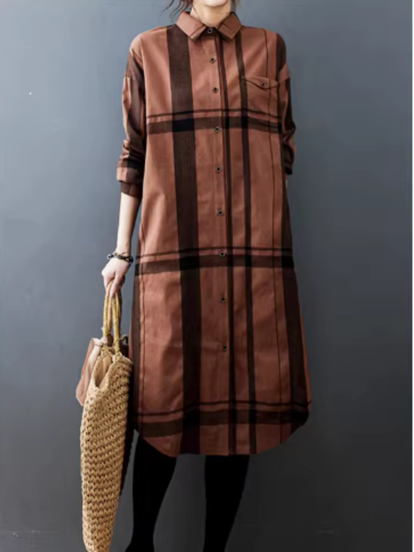 Women’s Relaxed Check Shirt Dress in Cotton Blend, Button-Down Midi