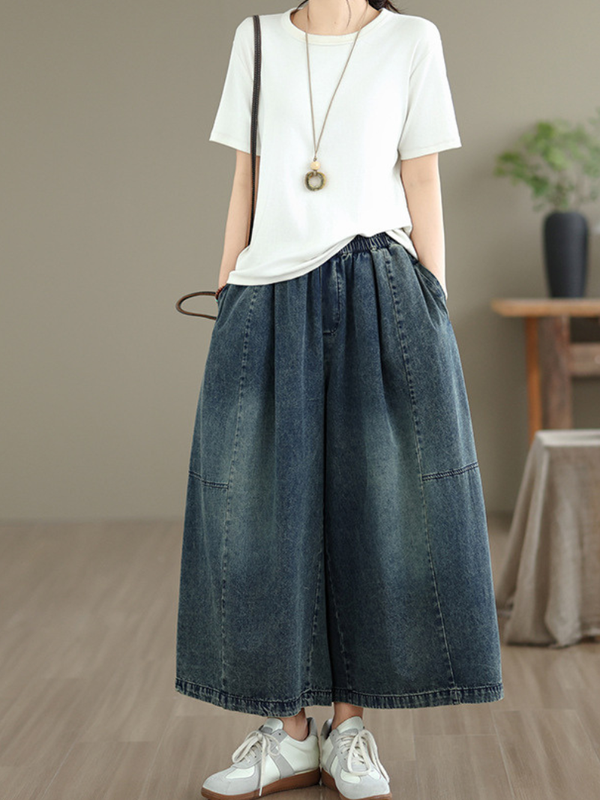 Artful Wide-Leg Denim Culottes in Soft Denim Cotton, Effortless Ease