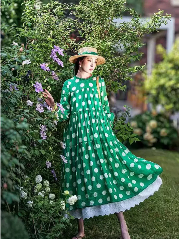 Polka Dot Tiered Midi Dress in Breathable Cotton Blend Elegance