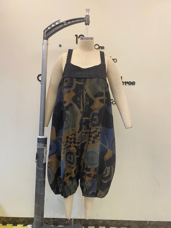 Geometric Print Denim Dungarees With Curved Hip Pockets