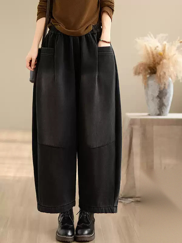 Retro Distressed Fleece Lined Wide Leg Jeans for Women | Winter Denim
