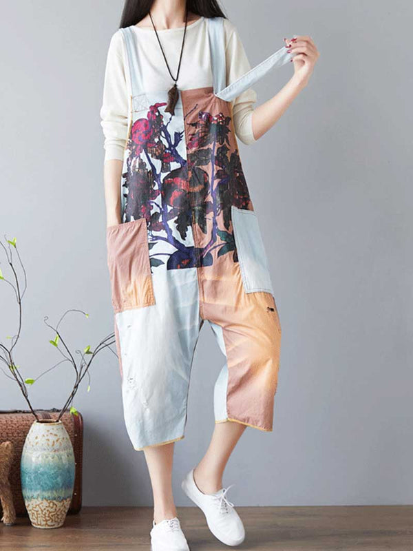 Colorblock Patch Cotton Overalls with Cropped Trousers