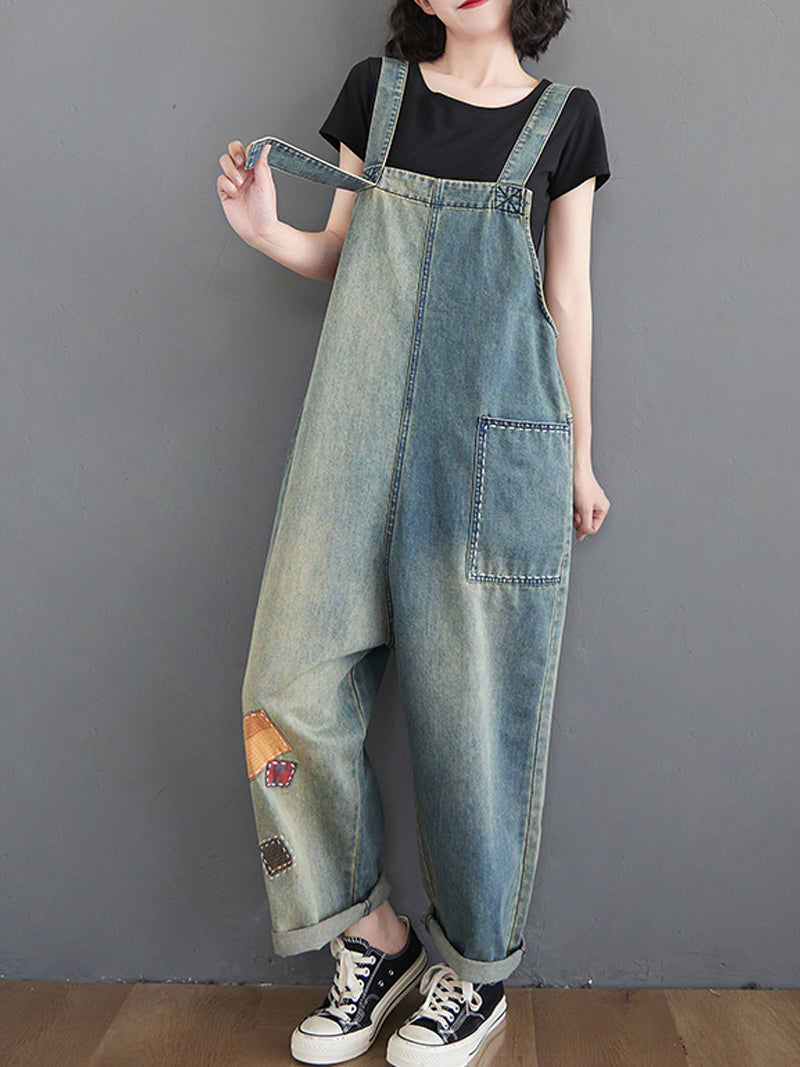 Dungarees cotton denim ripped jeans floral vintage retro style overall