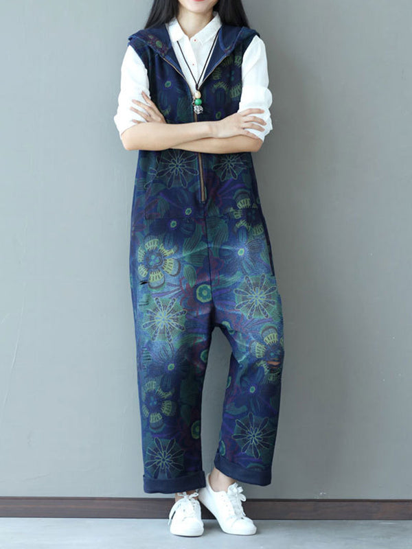 Dungarees cotton denim ripped jeans floral vintage retro style overall