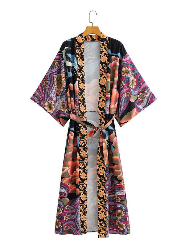 Evatrends cotton gown robe printed kimonos, Outerwear, Cotton, Nightwear, Long kimono, Board Sleeves, loose fitting, Printed, Floral + Moon, Belted