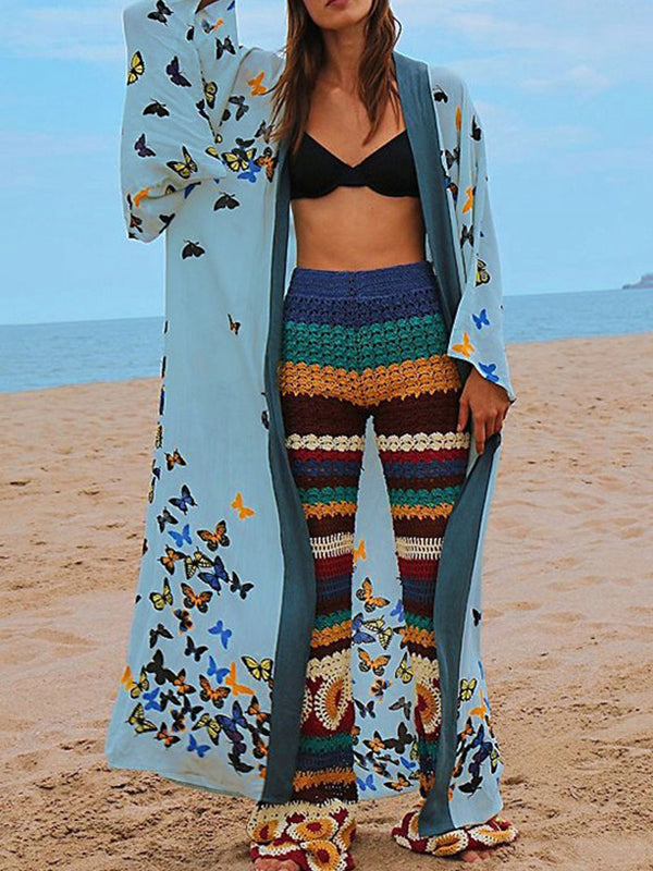 Evatrends cotton gown robe printed kimonos, Outerwear, cotton, Nightwear, long kimono, Long sleeves, loose fitting, Butterfly Print, Belted