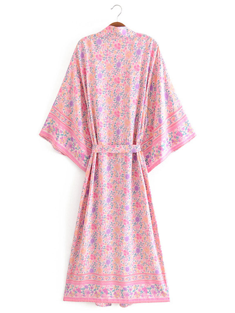 Evatrends cotton gown robe printed kimonos, Outerwear, Cotton, Viscose, Nightwear, Bordered trim, sleeves & bottom, long kimono, Kimono Broad sleeves with armpit opening, loose fitting, Floral print, Belted