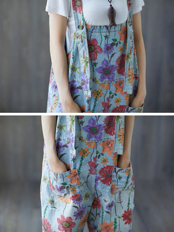 Dungarees cotton denim, cropped pant, floral vintage retro style overall, Floral print