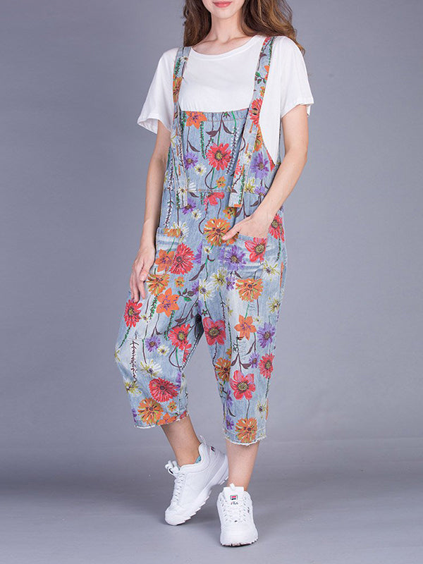 Dungarees cotton denim, cropped pant, floral vintage retro style overall, Floral print