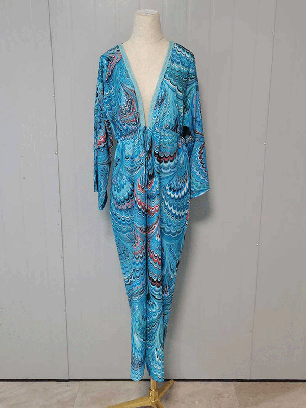 Evatrends cotton gown robe printed kimonos, Outerwear, Polyester, Nightwear, long kimono, long sleeves, loose fitting, Printed, Belted