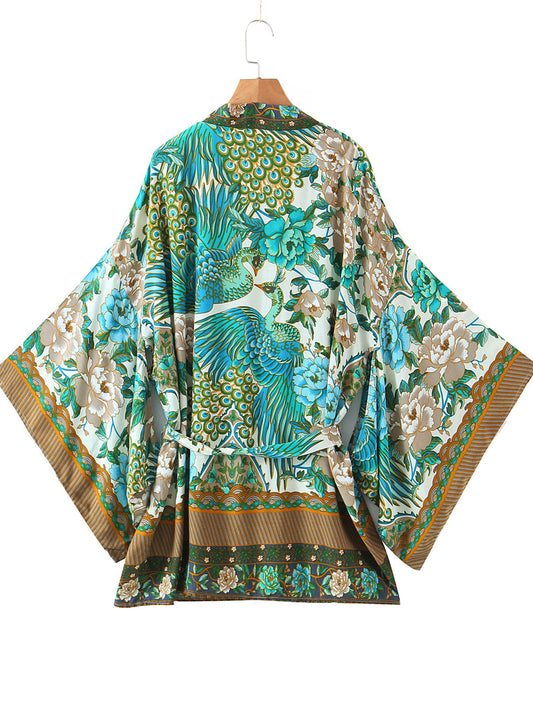 Evatrends cotton gown robe printed kimonos, Outerwear, Cotton, Nightwear, Short kimono, short sleeves, V collar, Broad Sleeves, Green, loose fitting, Printed, Belted, Floral