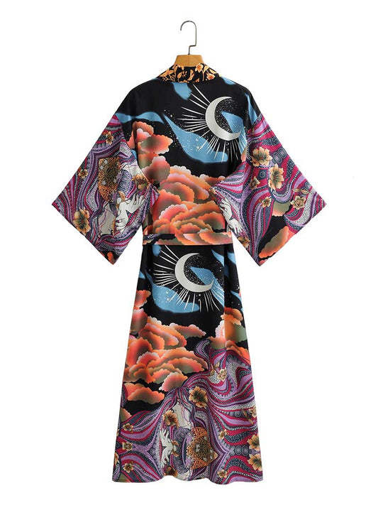 Evatrends cotton gown robe printed kimonos, Outerwear, Cotton, Nightwear, Long kimono, Board Sleeves, loose fitting, Printed, Floral + Moon, Belted