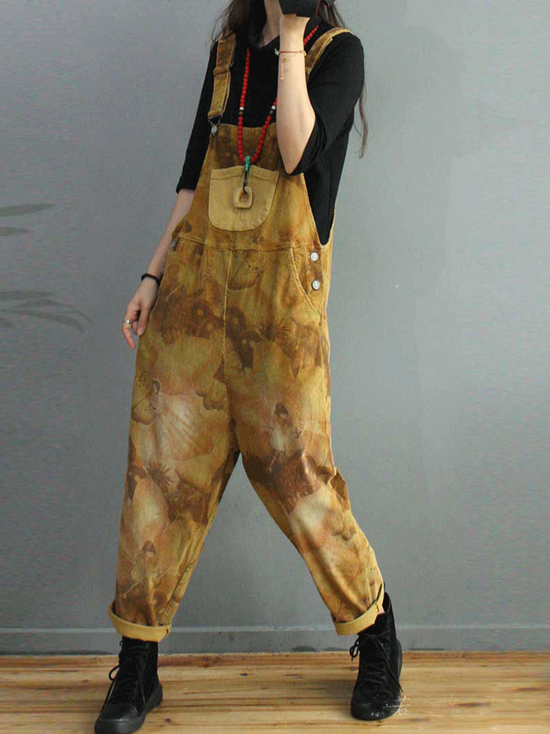 Dungarees cotton, vintage retro style overall, corduroy, tie-dye print, pockets