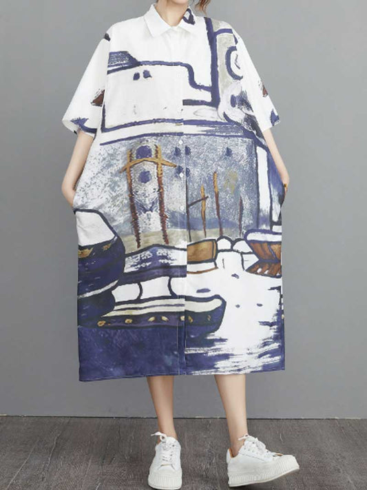 Abstract Art Print Cotton A-Line Shirt Dress