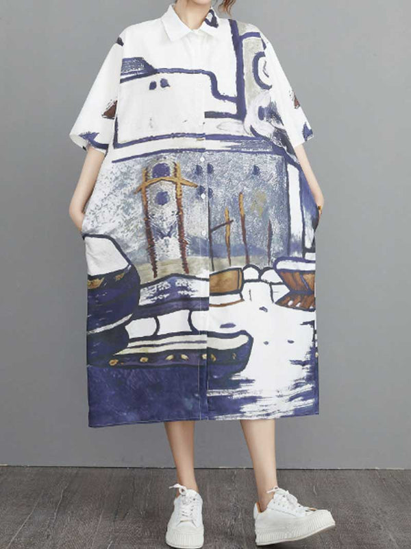 Abstract Art Print Cotton A-Line Shirt Dress
