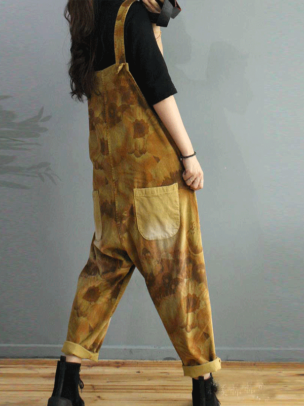 Dungarees cotton, vintage retro style overall, corduroy, tie-dye print, pockets