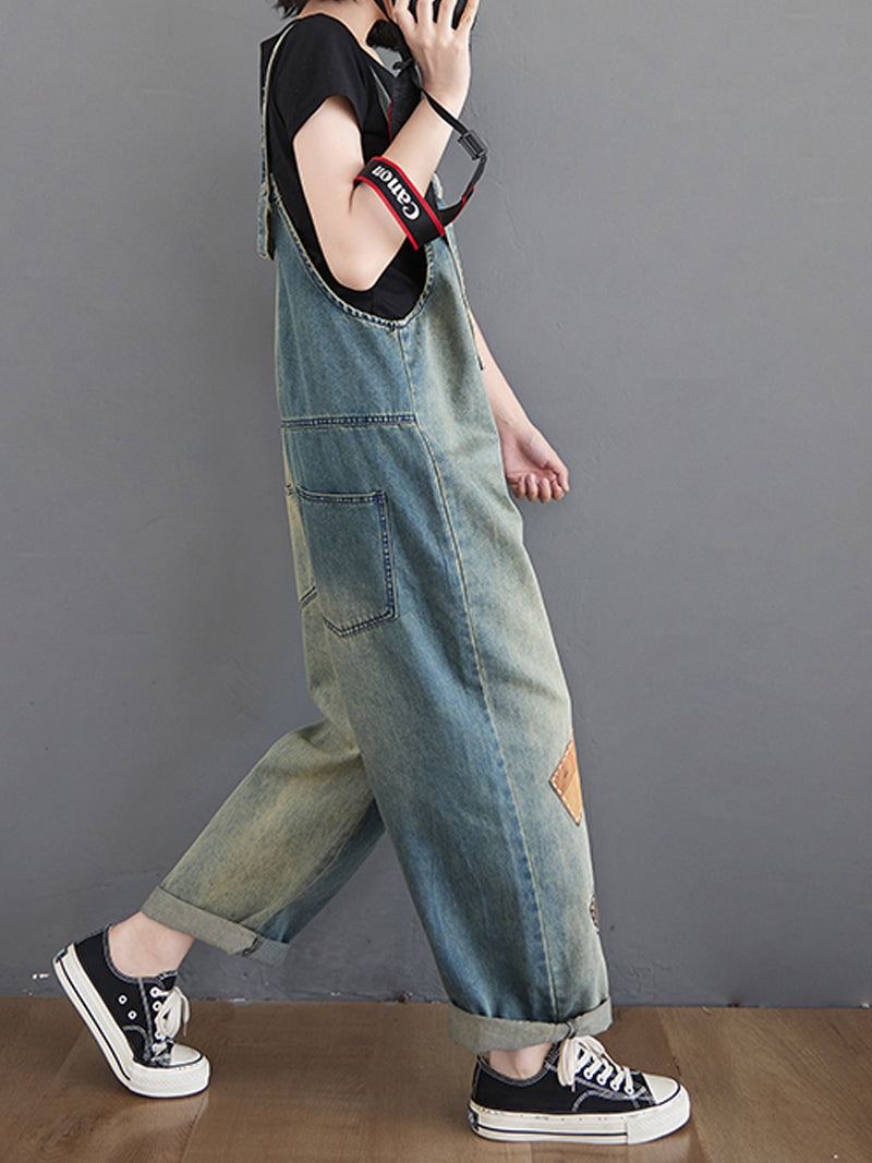 Dungarees cotton denim ripped jeans floral vintage retro style overall