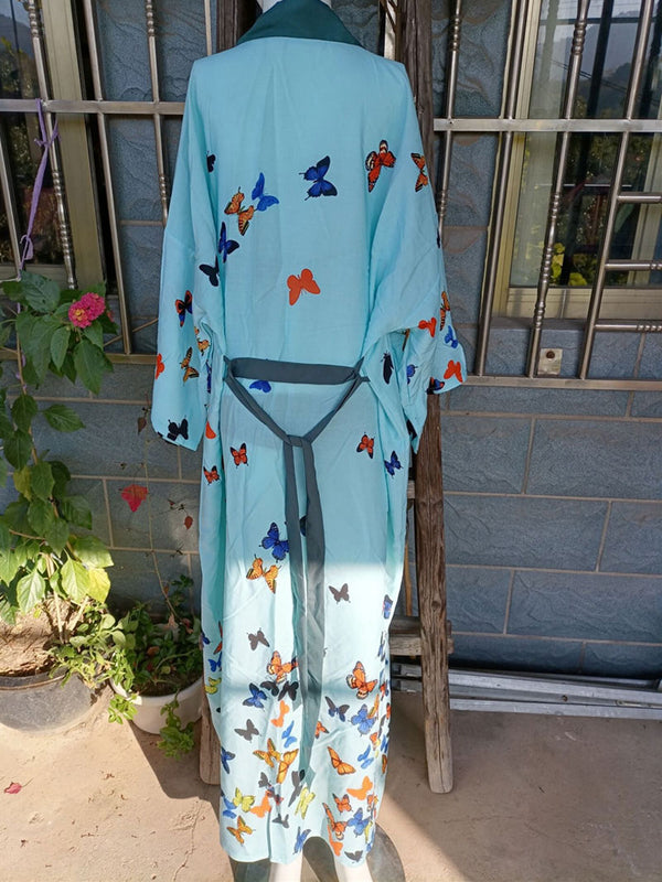 Evatrends cotton gown robe printed kimonos, Outerwear, cotton, Nightwear, long kimono, Long sleeves, loose fitting, Butterfly Print, Belted