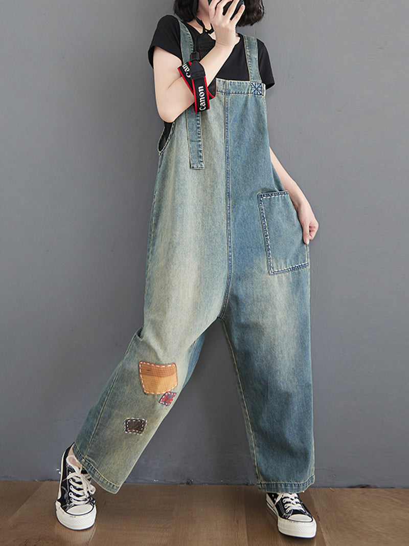 Dungarees cotton denim ripped jeans floral vintage retro style overall