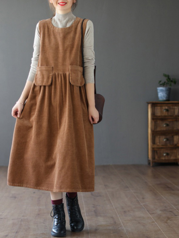 Women's Sleeveless Coffee Corduroy Dress