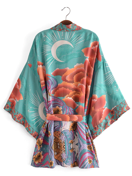 Evatrends cotton gown robe printed kimonos, Outerwear, Cotton, Nightwear, short kimono, Reglan sleeves, long Sleeves, loose fitting, floral print, Plant flower, Belted