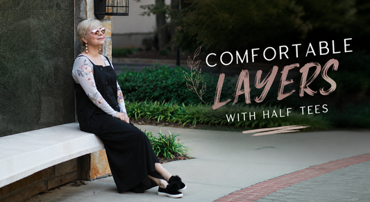 Woman wearing a half tee layered under a casual outfit for comfortable everyday style and lightweight coverage.