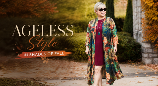 Woman wearing timeless fall fashion in warm seasonal shades with layered clothing for an elegant autumn outfit.
